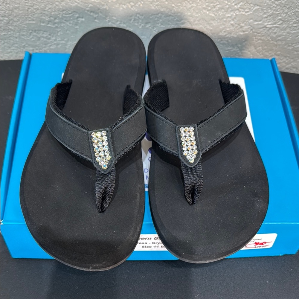 Flojos Southern‎ Glass Slipper Size 11 Women's Black Orthopedic Flip Flops NWT